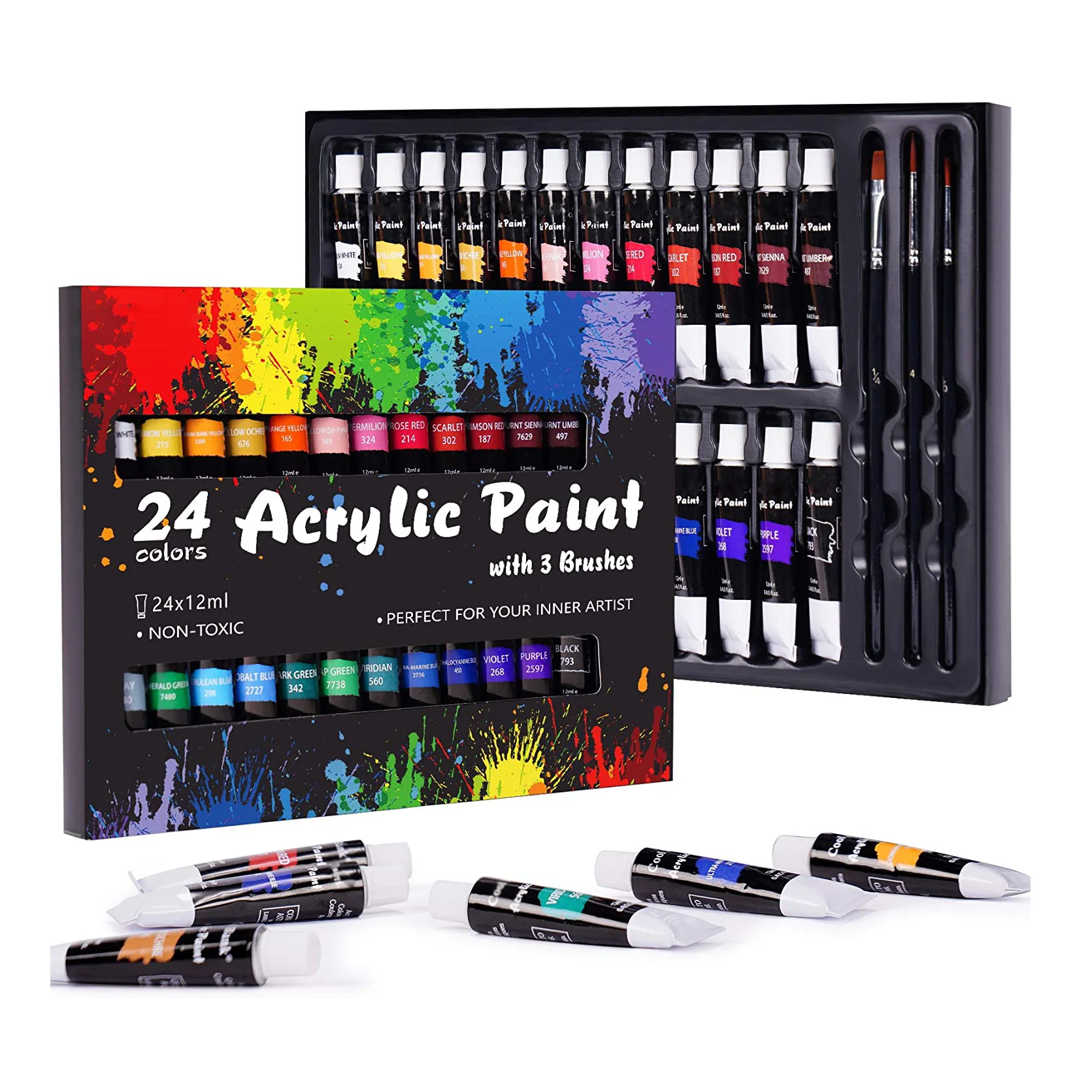 Acrylic Paint 24 Color Paint with 3 Brushes Vivid Paint Pigment for Art