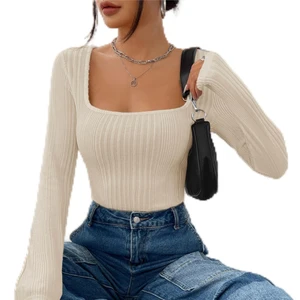 2023 Custom Women's Elegant Fall Slim Fitted T Shirts Long Sleeve Square Neck Casual Tee Tops Ribbed Knit Anti-Pilling Feature
