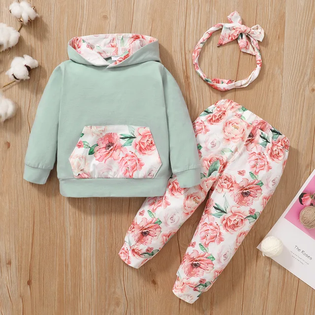 Toddler Baby Girl Long Sleeve Hoodie Sweatshirt Tops + Floral Pant and Headband Infant Baby Girls Clothes Set