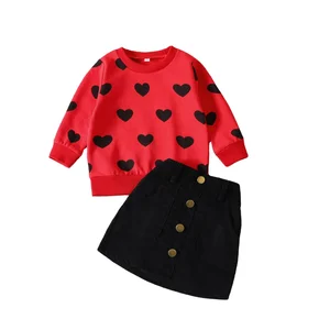2023 Spring Valentines Days Toddler Outfit Set Heart Printed Long Sleeve Sweatshirt Tops a Line Skirts 2Pcs Kids Girls Clothing