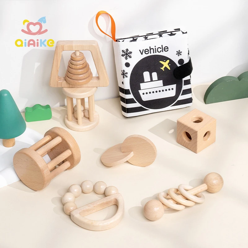 Montessori Ξύλινα Παιχνίδια Βρεφικό Σετ Κουδουνίσματος, Άτοξο Μασητήρι, Χειροκίνητο Κουδούνι, Δώρο για Βρέφη Αγόρια και Κορίτσια Jeu Hochet Bebe