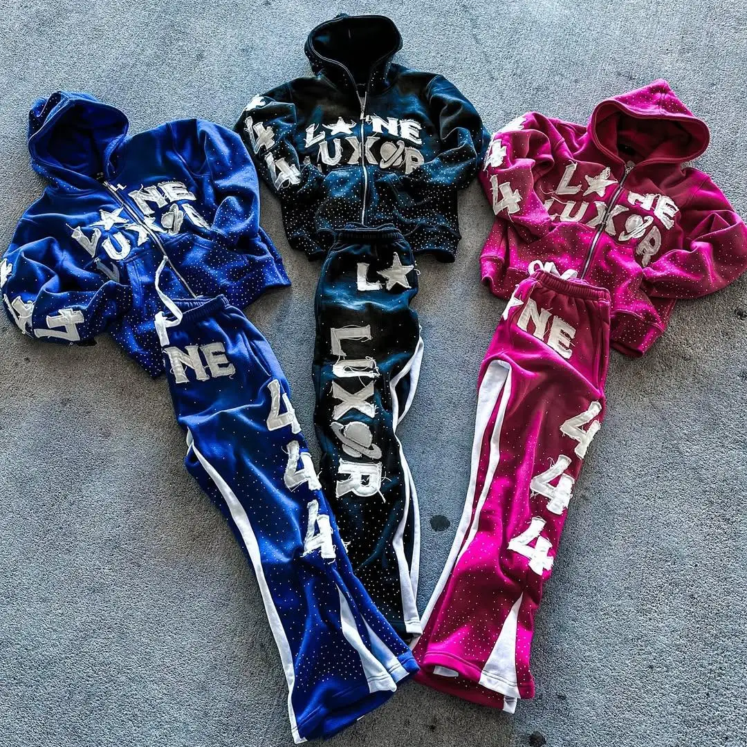 Bavlněný vintageový sportovní oblek ve streetwearovém stylu s vyšíváním z imitačních drahokamů, dýchací volný střih, kapuce, rozšířené kalhoty s efektem opotřebovaného praní