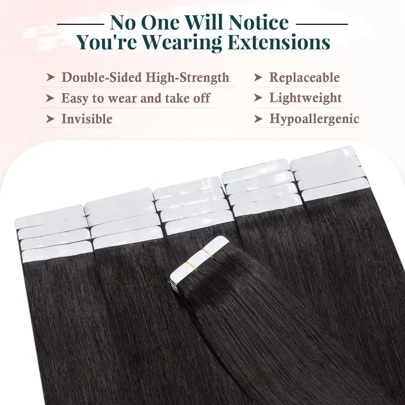 Extension per capelli lisci con nastro adesivo 100% capelli umani Remy, extension per capelli con trama di pelle senza cuciture, capelli neri naturali per donne, nastro adesivo_voghion.com