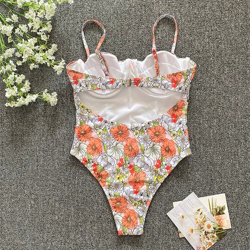 DAMOCHIC New Design Bathing Suits for Women One Piece Swimsuits Floral Print Plaid Push Up Backless Thong Swimwear for Women