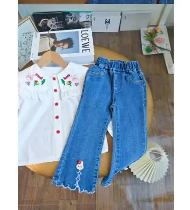2024 Spring and Fall Girls Clothing Set Girl Treasure Cute Lapel Shirt and Jeans Set Teenager Clothing Sets Hanyun