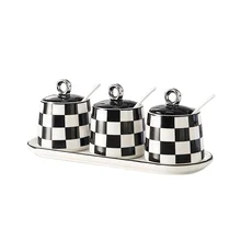 New Ins Style Tableware Household Ceramic Seasoning Jar Kitchen Restaurant Salt with Spoon Tray