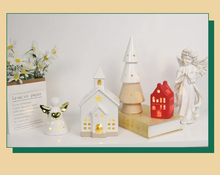 Winter White Glazed Porcelain Holiday Tabletop Figurines Led Ceramic House Christmas Ornament supplier