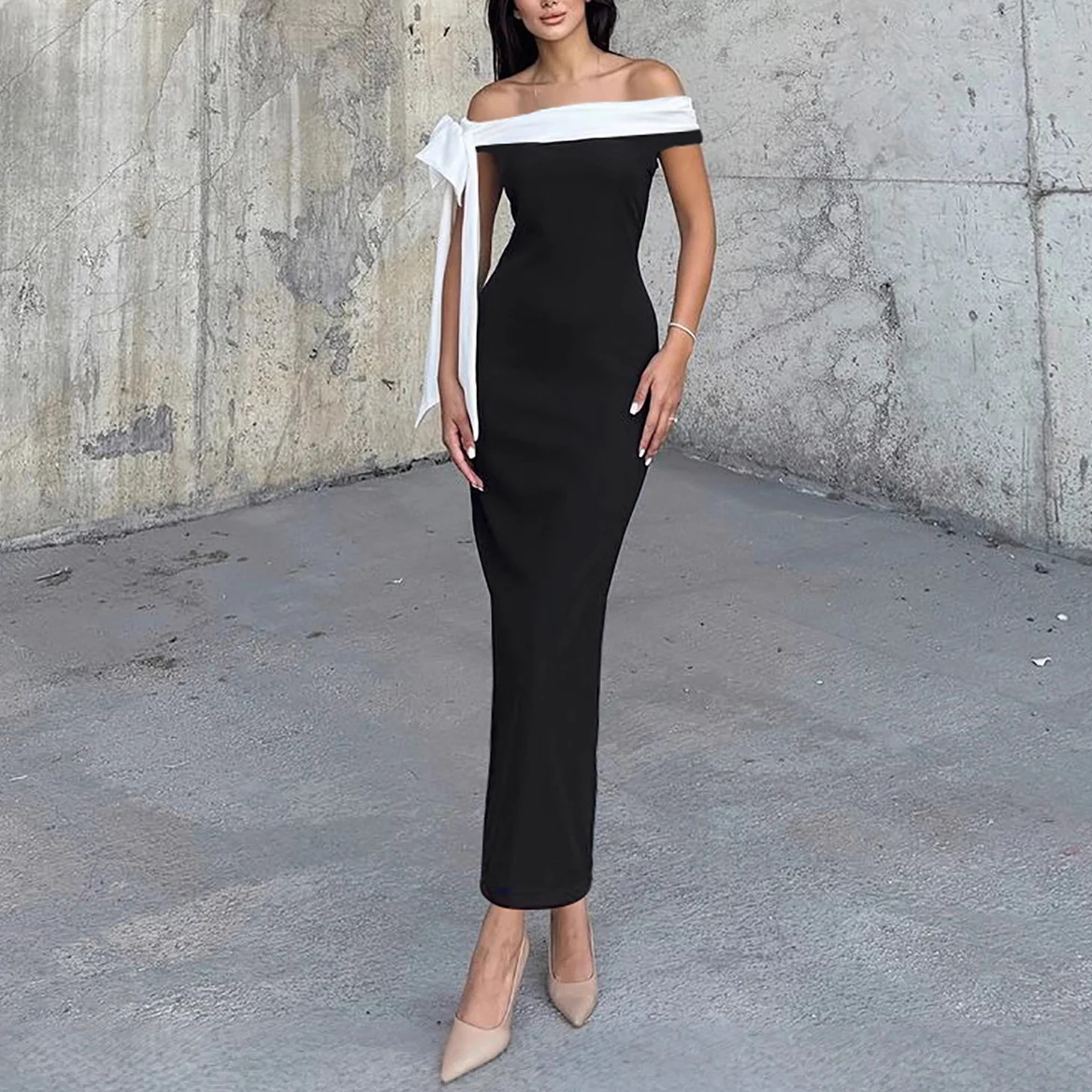 Women's Off Shoulder Mermaid Dress Black White Color Block Gown with Bow  Detail for Formal Events