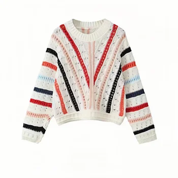 Autumn Female Knit Sweater in Korean Style White Casual Loose Tops with Rainbow Striped Neck Bow and Single Breasted Closure