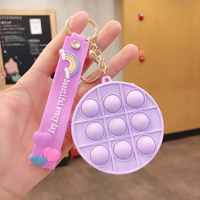 Decompression Toy Mini Fidget Round Shape Keychain With Bubble Anxiety Stress Toys Cartoon Keychain Toys