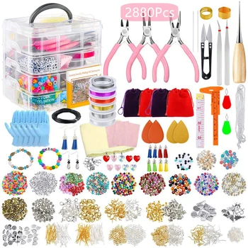 Hobbyworker 4-layer 2880Pcs Beads Charms Findings Beading Wire Jewelry Making Kit Supplies For Bracelets Necklace Earrings