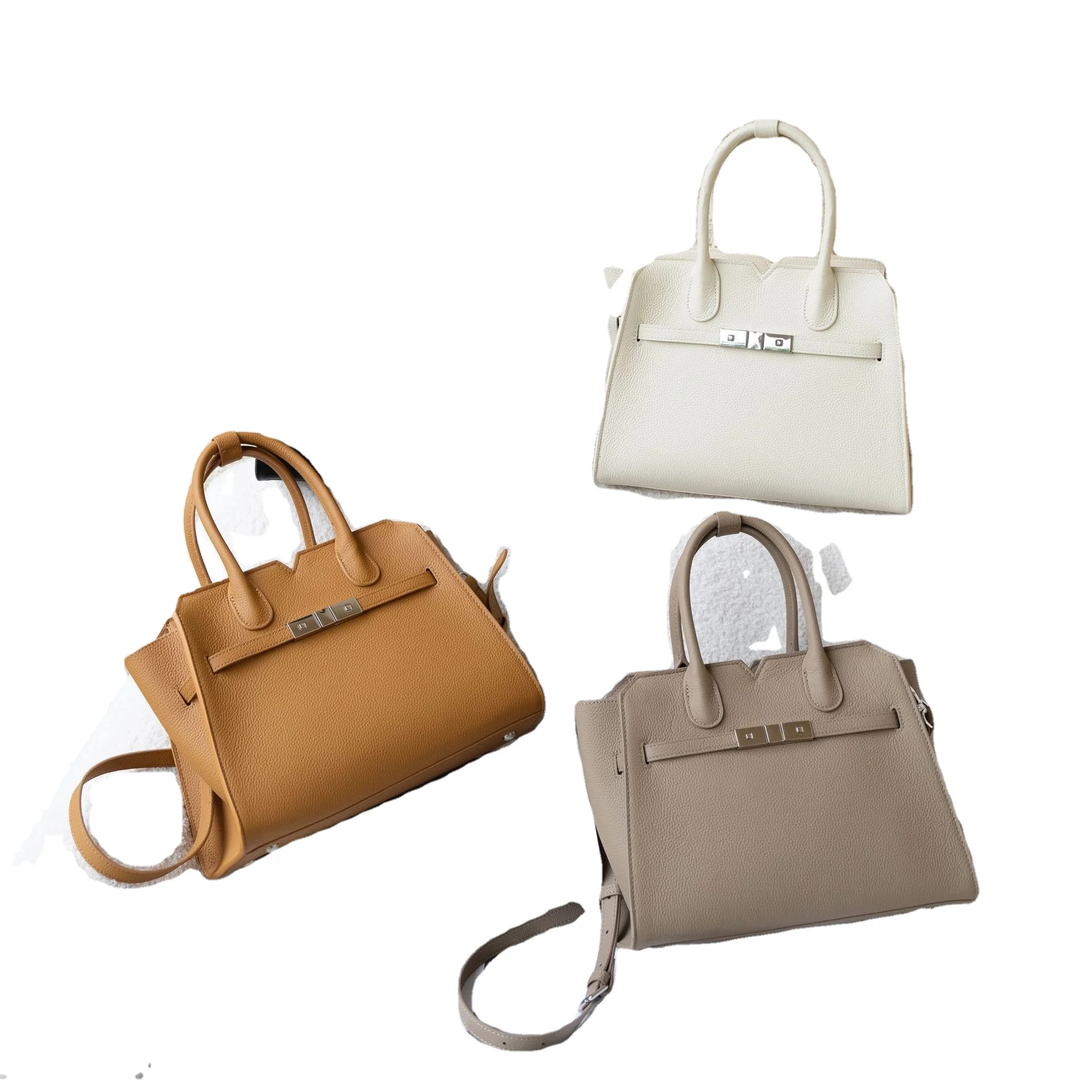 Genuine Togo Leather Handbags Fashion Tote Bag Women Shoulder Bag 25-40cm With Lock Scarf Horse Pattern