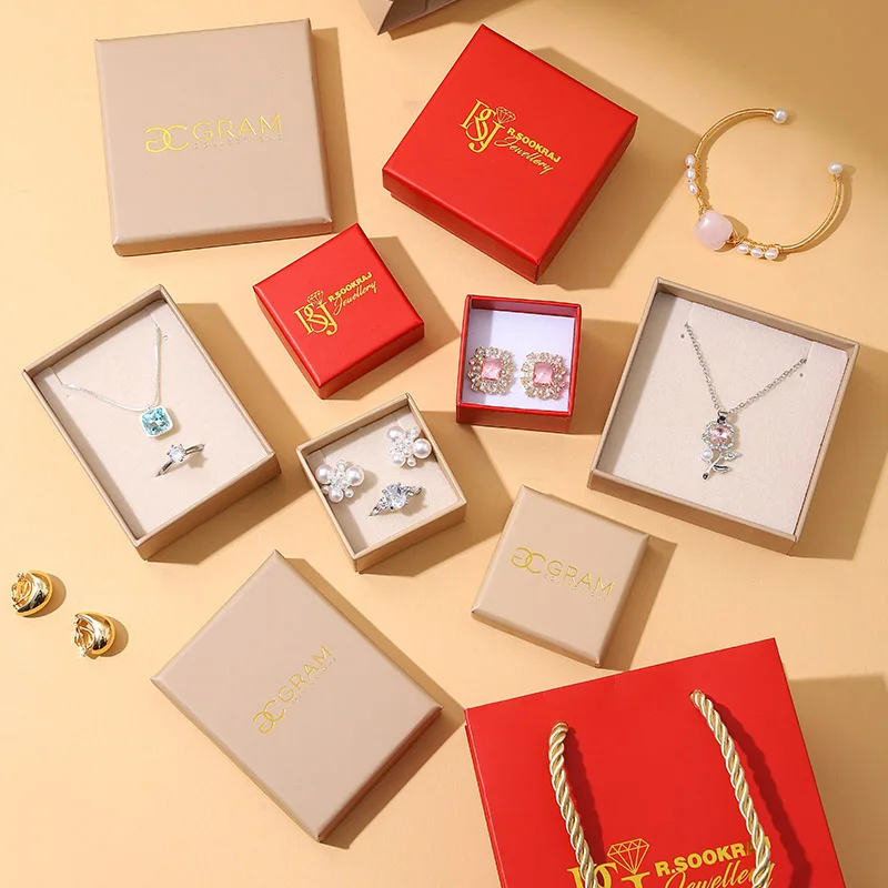 Wholesale  Red Lid Kraft Lid Jewelry Box Set Kraft Paper Bag Custom Logo Packaging for Ring Earring Necklace factory
