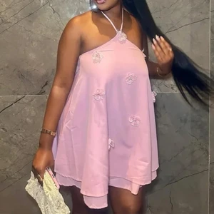 2025 Summer New Arrival Beach Dresses Women's Clothing Elegant Neck Hanging 3D Flower Asymmetrical Pink Strapless Mini Dress