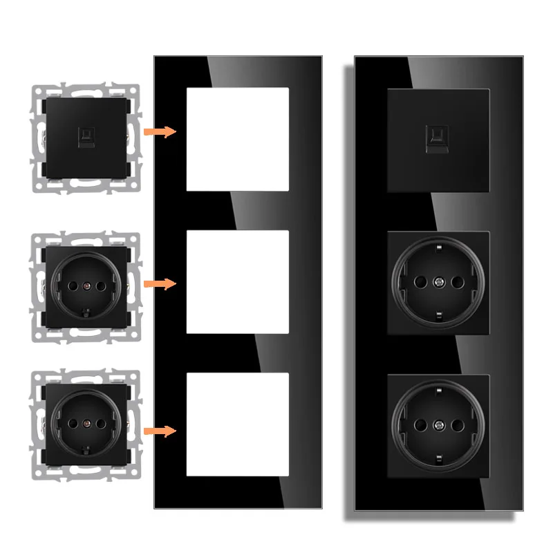 Panel Module Soket Wall Mounted Module With European Black Touch Glass Panel, Power Socket ...