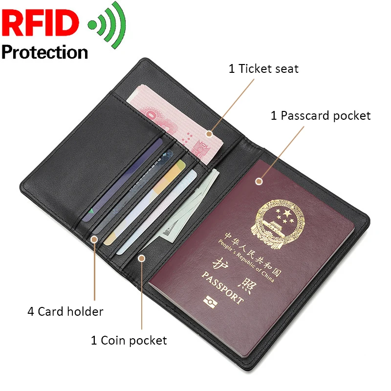 Large Capacity PU Leather RFID Blocking Travel Passport Holder Cover Wallet with Card Slot Ticket Holder for Men Women