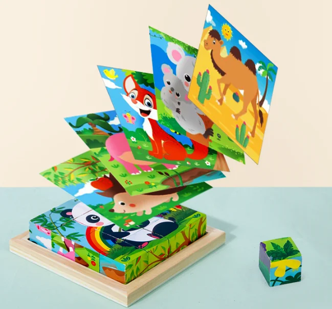 Factory Hot Sale 3D Cube Wooden Puzzle Jigsaw Puzzle For Kids Educational Toy 6 sides