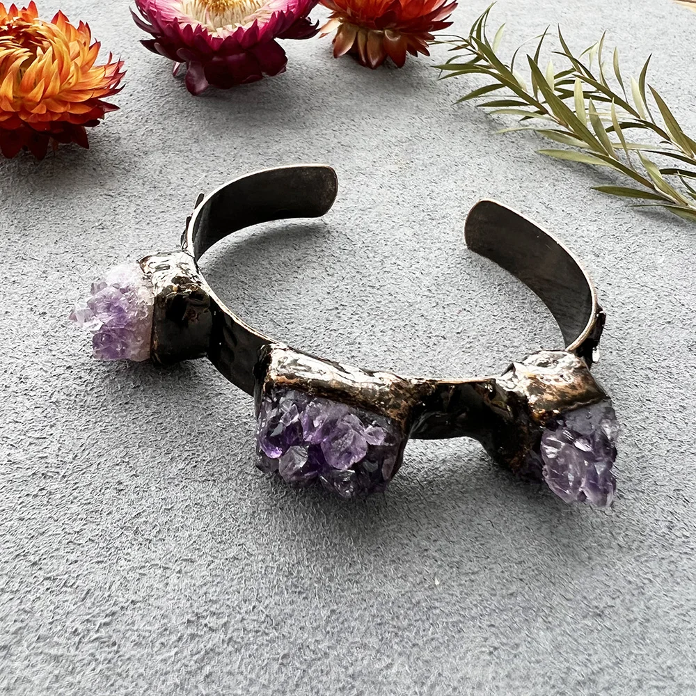 antique bronze plating wide cuff ring bracelet natural amethyst cluster crystal gemstone adjustable bangle vintage jewelry gifts