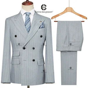 Cenne Des Graoom 2026 Blue Stripe Men Suits Double-Breasted Tailor-Made 2 Piece Set Jacket Pants Business Meeting Wedding Party