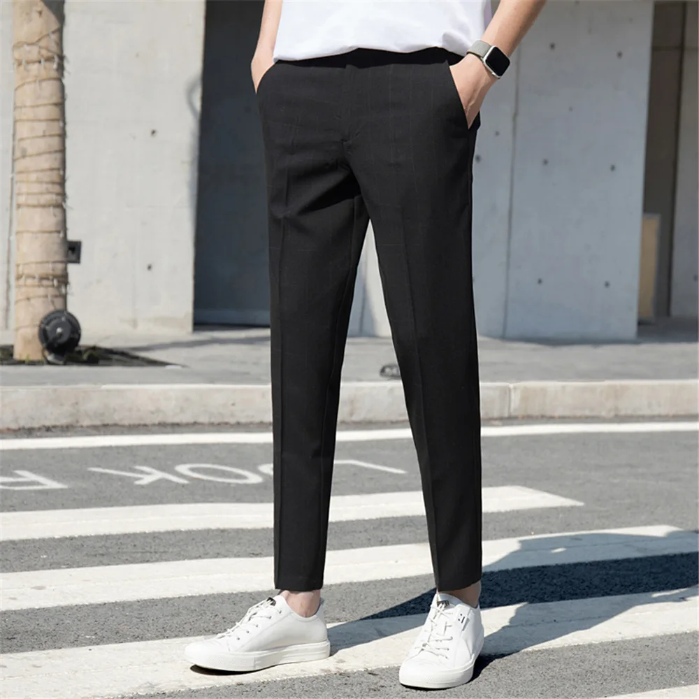 Men Office Business Straight Leg Formal Pants Smart Casual Work Slim Fit Light Weight Pants