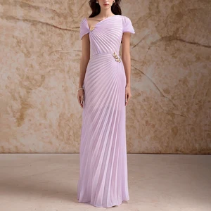 ZYHT 70132 New Short Sleeve Summer Satin Elegant Party Dresses for Women Pleated Purple Long Chic Evening Dress
