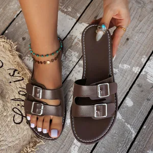 QuiteS 2026 Summer New Plus Size Belt Buckle Bottom Beach Flat Casual Vocation Shoes for Women Large Size Office Shoe for Ladies