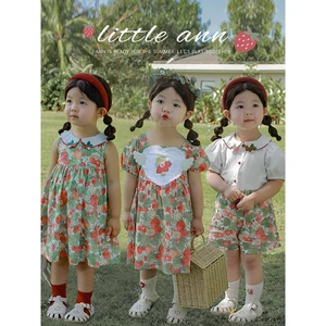Factory Custom Floral New Dresses for Girls Cotton Cute Strawberry Print Baby Loose Skirt Pants Sets Toddler Dresses Girls