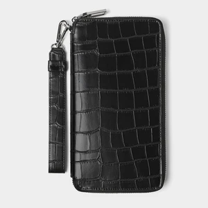 Custom PU Faux Crocodile Leather Black Mens Long Wrist Zipper Card Wallet Money Purse for Men