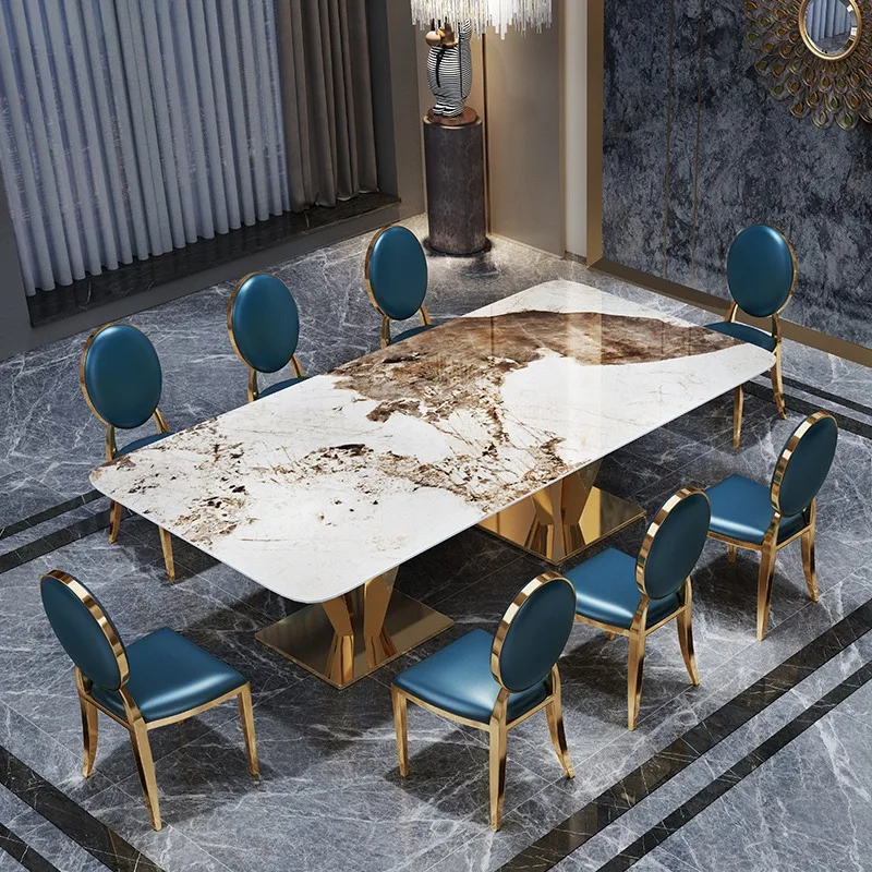 Elegant Modern Marble Dining Table Set With Artistic Gold Stainless ...