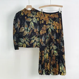 Fast Shipping Miyake Pleated Two-piece Design Loose Elastic Printed Casual Set Women's Elegant Set