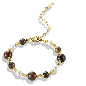 Muxcor Natural Stone Glass Beads Brown Tiger's Eye Bracelet Classic Fashion Fancy Copper Jewellery for Ladies Women