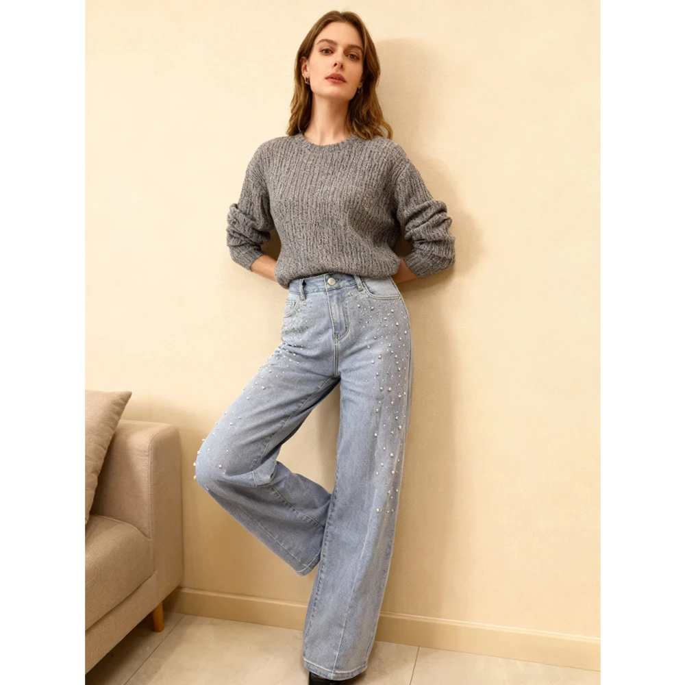 New Arrival Women's Beaded Flared Jeans High Quality Light Blue Denim Pants Fashionable Streetwear