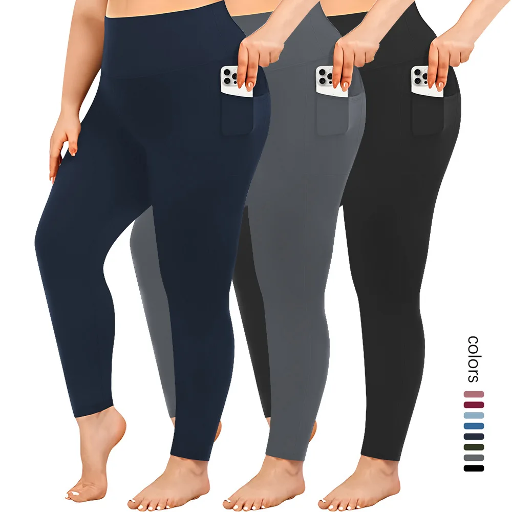 Plus Size Solid Yoga Pants Spandex/Nylon Elastic Waist Four-Way Stretch Pocket Style Hig