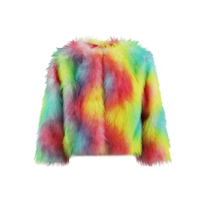 Customizable Kids Colorful Tie Dye Faux Fur Coat Soft Warm Fashion Kids Outerwear Girl Hoodie for Daily Wear Festival Occasions