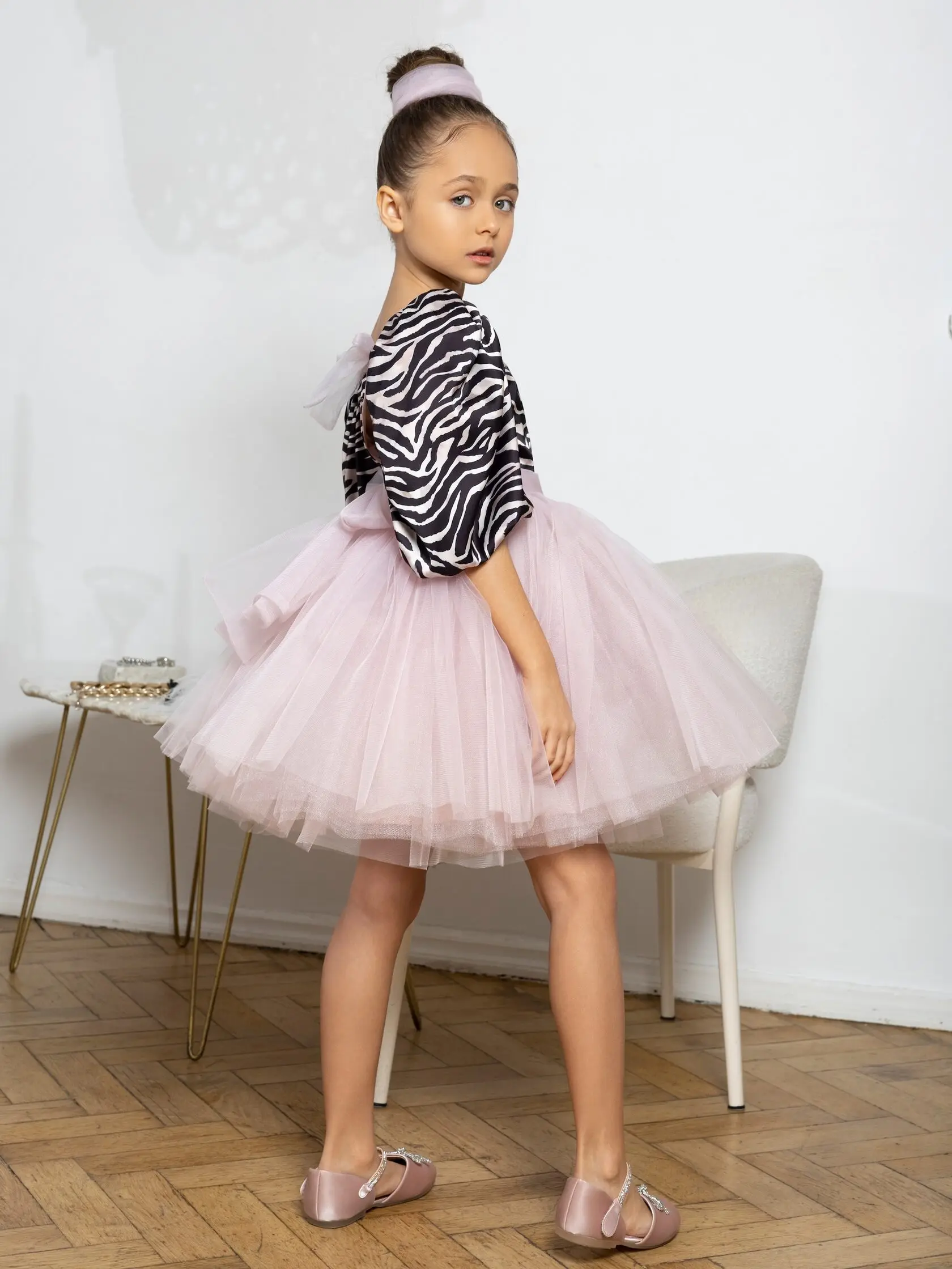 Custom Zebra-stripe Print Princess Performance Party Ball Gown Children Clothing Kids Wear Flower Girls Layered Dresses