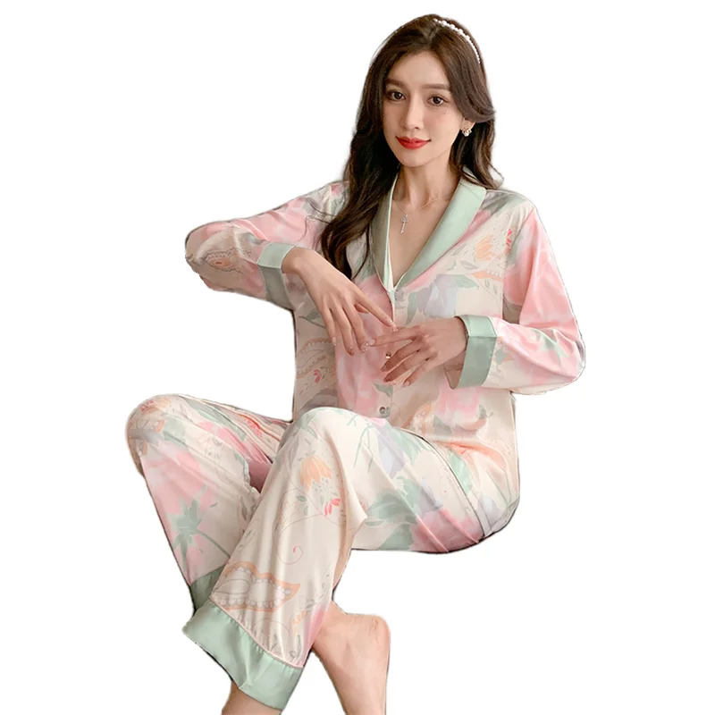 GETADME Pijamas Women Silk Nightgown Spring Autumn Long Sleeve Trousers Sexy Lace Sleepwear V-neck Loose Casual Simple Thin Pajama Sets