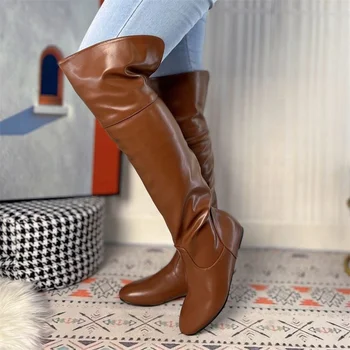 Women Shoes Flat Heel Solid Color Long Boots Pointed over the knee Ladies Boots PU Stitching Casual  Flats Boot