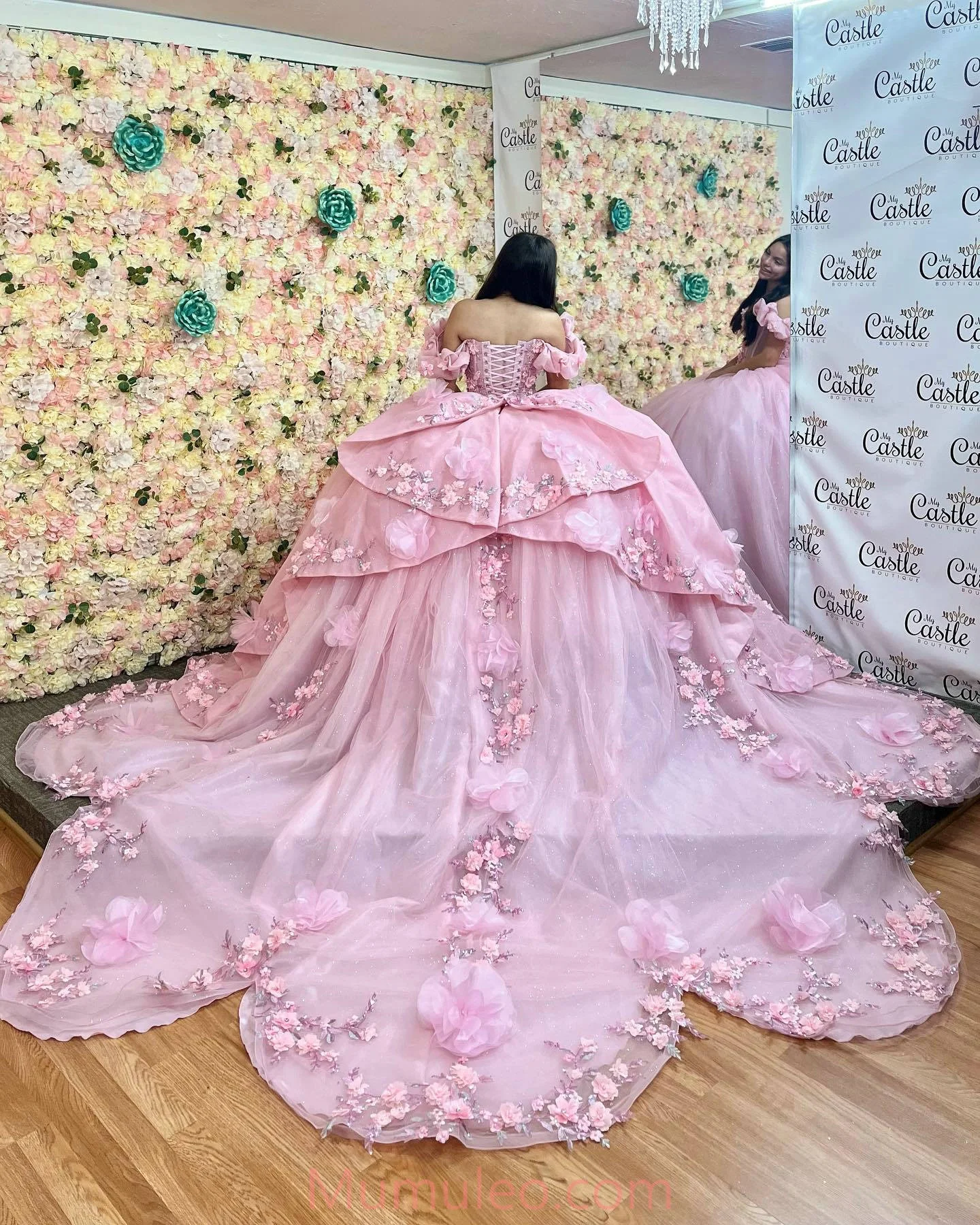 pink quinceanera dresses with flowers New Lace Pink Quinceanera Dress Off The Shoulder 3D Flowers Sweet 16 Dress Custom Size / Custom Color