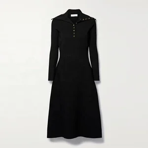 Knitwear Manufacturer Custom Spring Autumn Black TurtleNeck Long Sleeve Ribbed Knit Elegant Casual Women Sweater Midi Dress