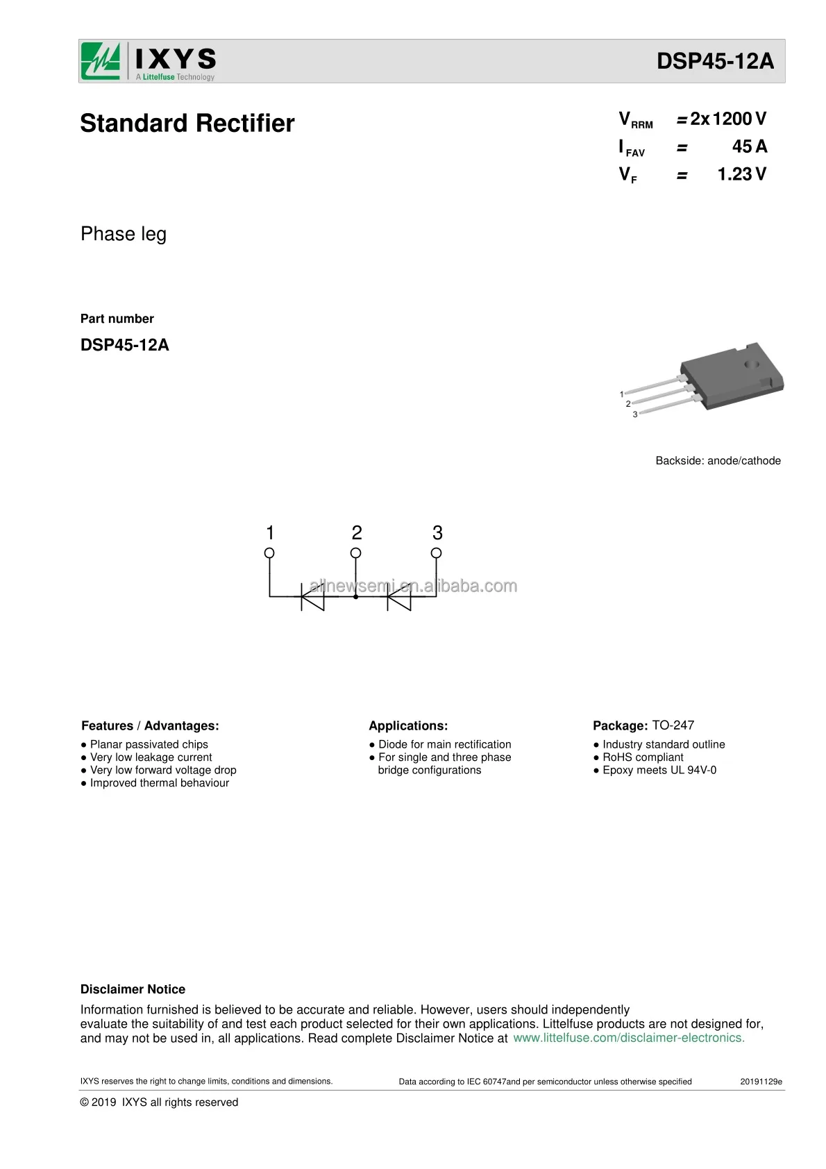 Hot sale Original DSP45-12A Rectifiers Diode Arrays 1200V 45A TO247AD Diode Array 1 Pair Series Connection Through Hole TO-247-3