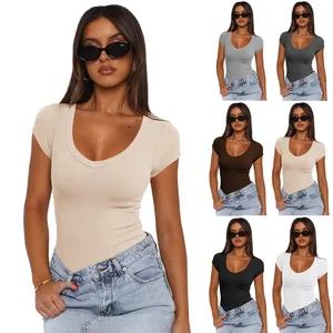 2026 Summer European American Fashion Women's Casual Ribbed Pullover Solid Color Short Sleeve Top Knitted Anti-Pilling T-Shirts