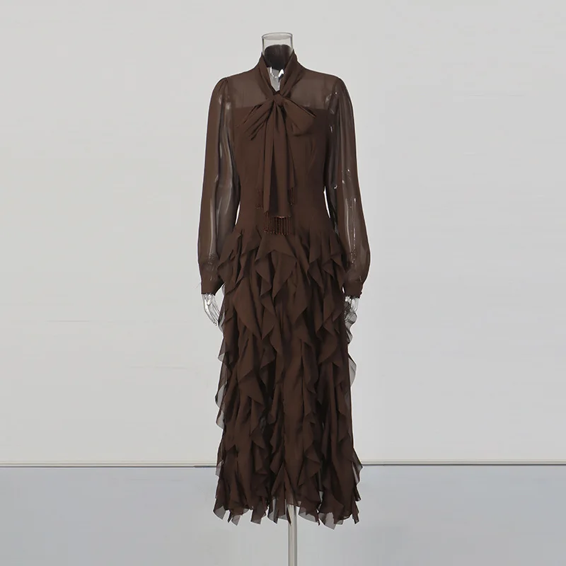 Womens Elegant Brown Chiffon Ruffle Maxi Dress Long Sleeve Pussy Bow Tie Neck Tiered Formal Cocktail Party Gown