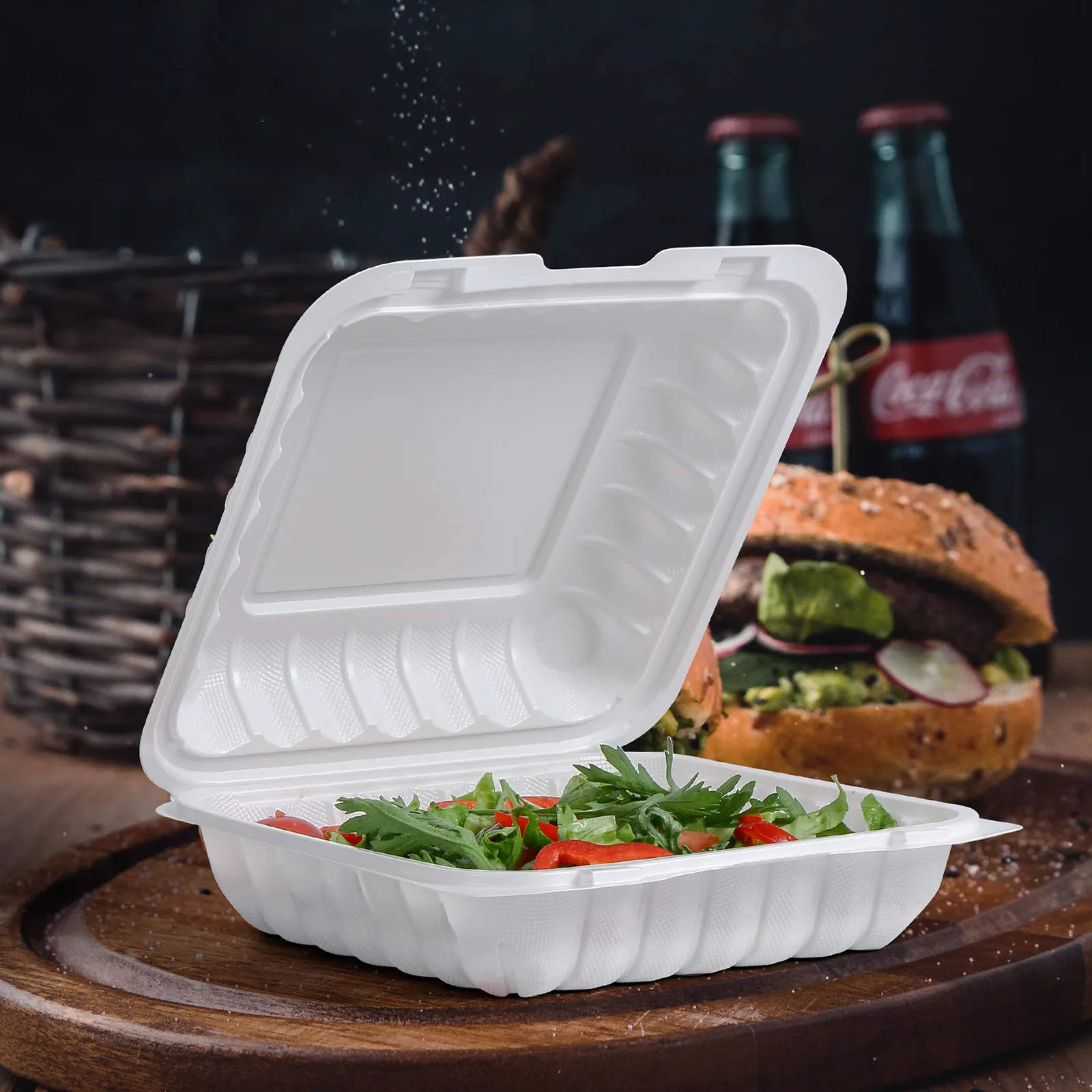 7x7 Clamshell Pp Container 3 compartment Black White Mfpp Mineral