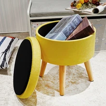 HStex Modern Home Furniture Wholesale Attractive Round Velvet Fabric Stool With Wooden Legs Yellow Ottoman