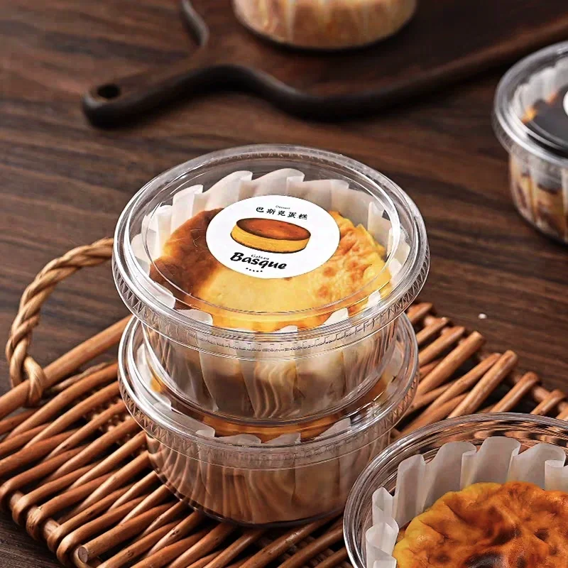 Crystal Transparent Hard PET Plastic Small Dessert Basque Cake Container Round Mousse Cake Packaging Box for Food Use