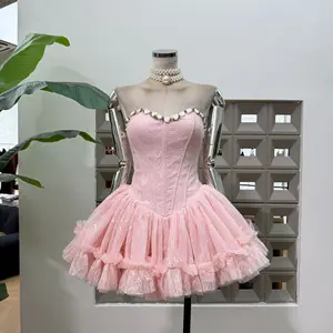 Bettergirl Fresh Lace Fishbone Floral Tight Mini pink Women Dress 2026 New French Garden Pleated Short Dress
