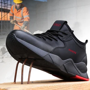 JIANKUN Work Boot Fashion Black Anti Slip Waterproof Leather Steel Toe Safety Shoes for Men Heavy Industry