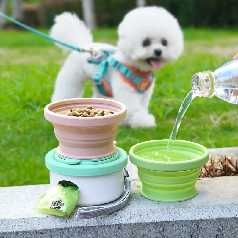 New Design 3 in 1 Poop Bag Holder Dispenser Drinking Cup Walking Bowls Feeder Portable Pet Water Bottle With Food Container