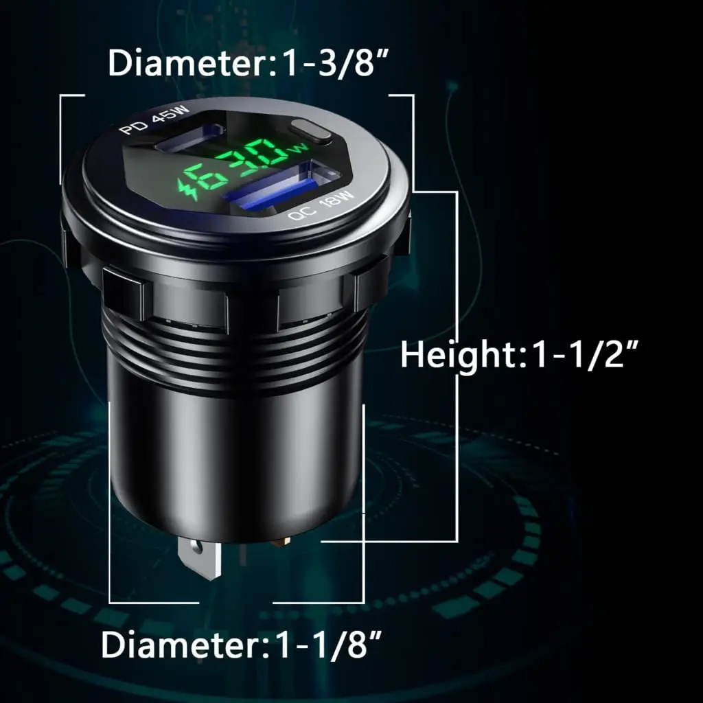 USB C Car Charger Socket 12V/24V USB Outlet 45W PD Type C & 18W QC 3.0 Car Dual USB Port with LED Voltmeter & Button Switch