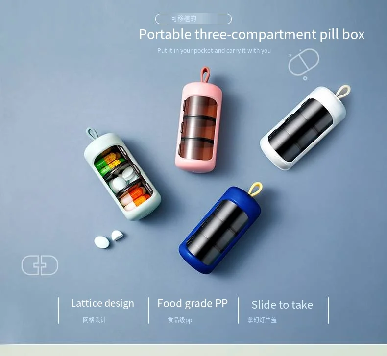 Pill Box Portable 3-compartment pill storage box Large capacity mini travel pill packing compact sealed box details